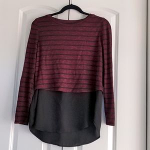 Medium purpley-red and black striped sweater shirt with gauzy layer